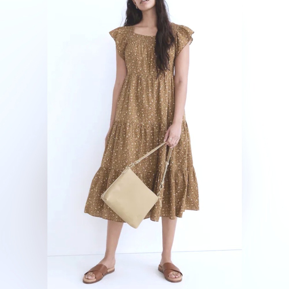 Madewell S Small Olive Ruffle Sleeve Tiered Midi Dress Daisy Stitch Sold Out